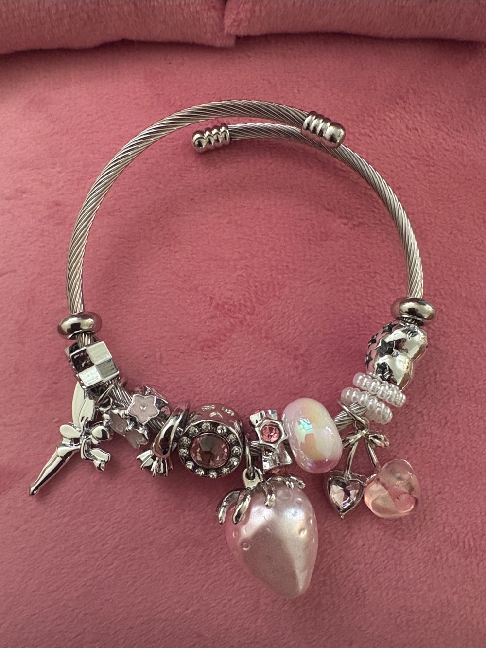 Silver Charm Bangle Bracelet with Pink and Pearl Charms